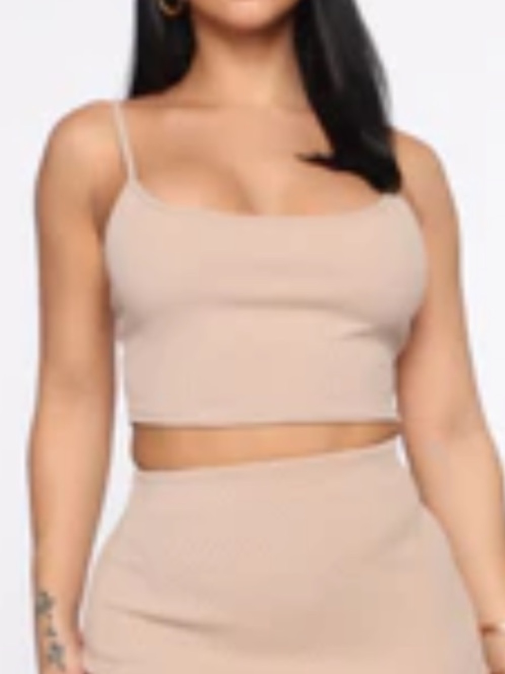 Beige Ribbed Crop Tank Top Skirt Set- Neutral Slim Fit